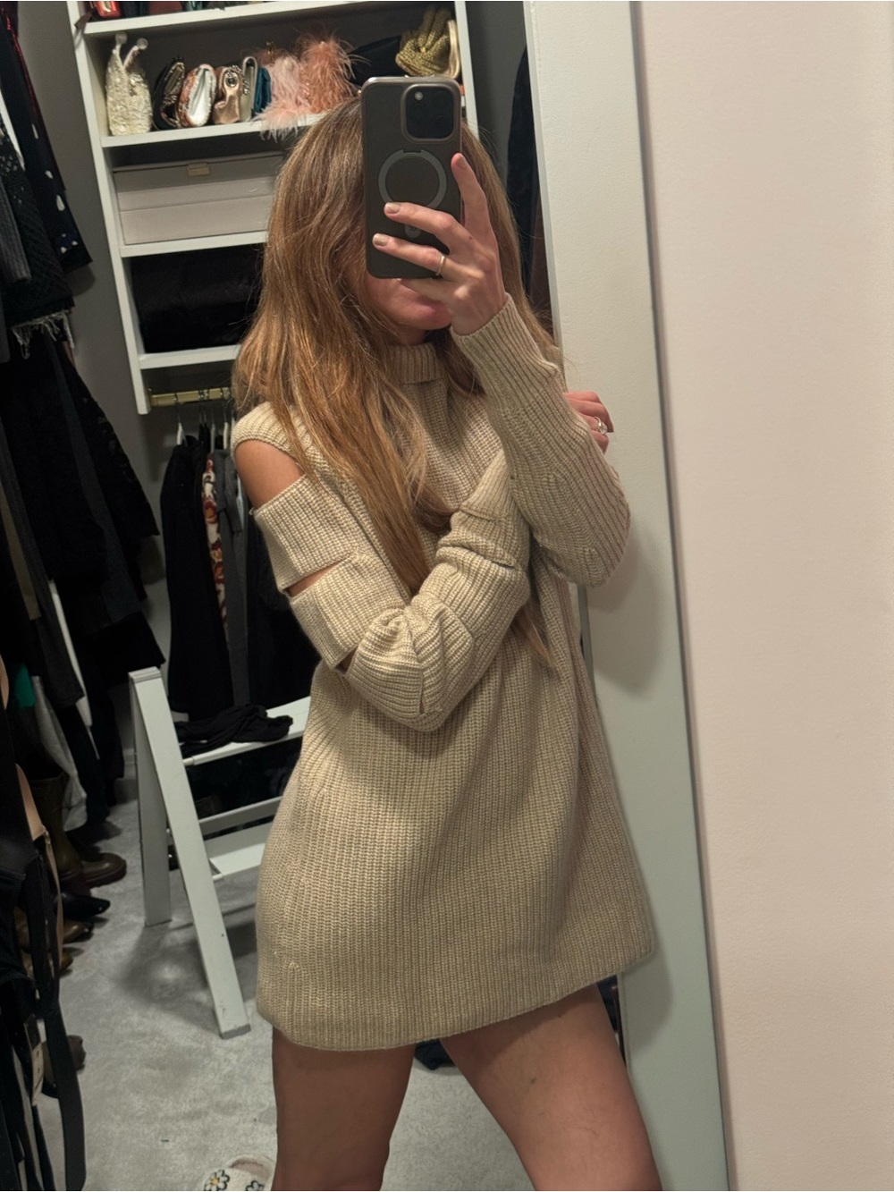 Jordan Taupe Cutout-Side Ribbed Turtleneck Sweater